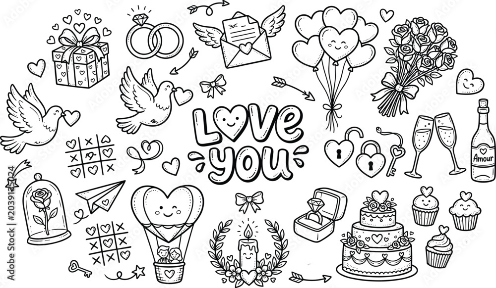 Fototapeta premium Set of cute hand-drawn love and wedding doodles featuring romantic symbols, celebration icons, and anniversary elements for design