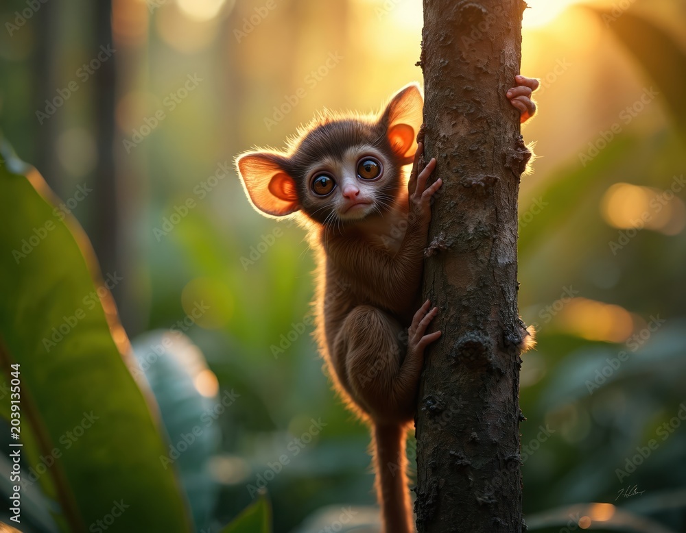 Fototapeta premium Small primate with big eyes grips tree trunk. Curious tarsier clings to bark in rich forest. Warm sunlight illuminates cute creature at dusk.