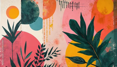 Panel kuchenny z motywem Abstract tropical plant collage art. Vibrant colors geometric shapes and textured canvas create modern graphic visual. Use for home decor interior design.