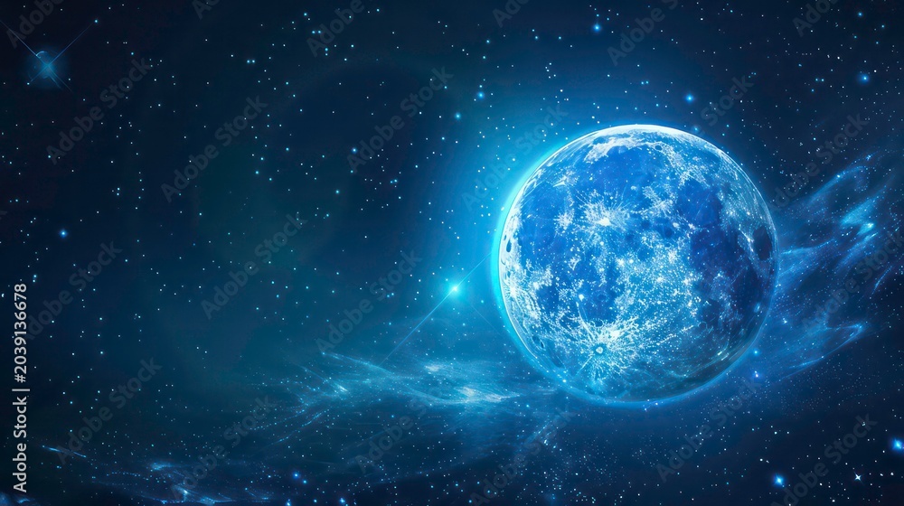 Obraz premium A blue planet with glowing lines and stars in the background.