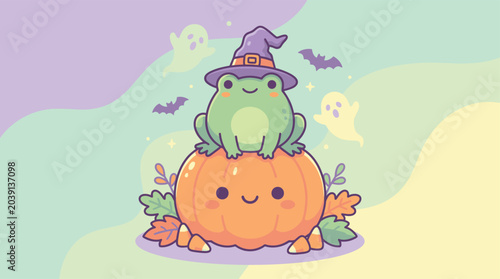 Cute Cartoon Frog as Witch with Pumpkin and Purple Hat in Fantasy Landscape Illustration
