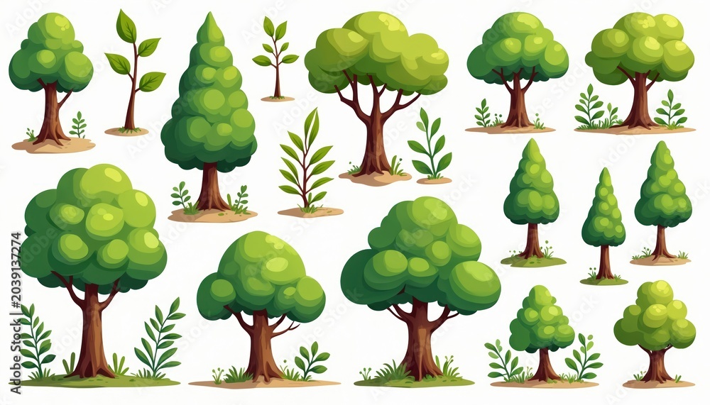 Fototapeta premium Collection of cartoon trees, plants in style. Various types of deciduous, coniferous trees with green foliage, branches, brown trunks. Small seedlings, bushes add variety to nature illustration.