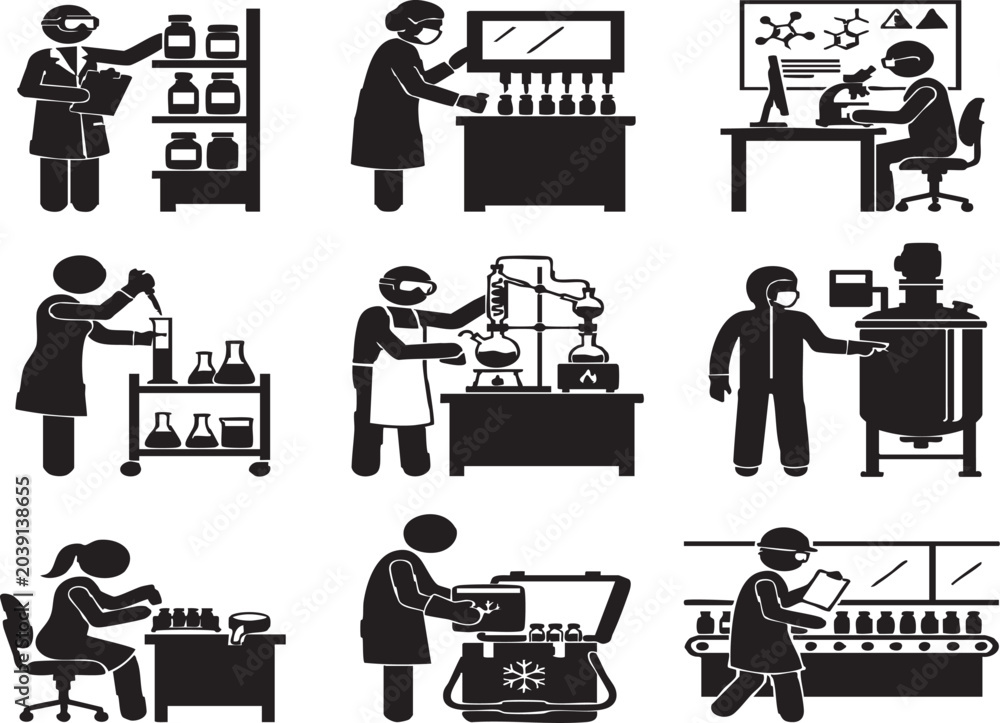 Fototapeta premium Set of pharmaceutical research and drug manufacturing black silhouette icons; representing laboratory scientists, medical development and vaccine production processes