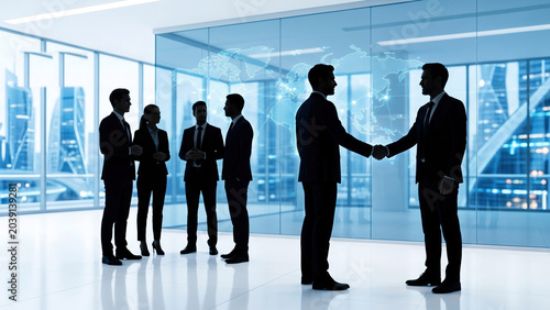 Business professionals shaking hands in modern glass office with city skyline backdrop
