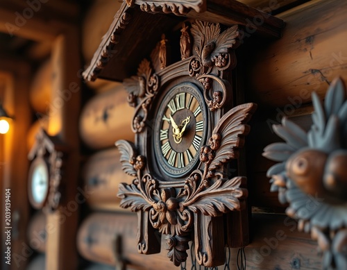 Antique wooden cuckoo clock hangs on cabin wall. Intricate carving details classic horologe face. Ornate German craftsmanship shows time passing.