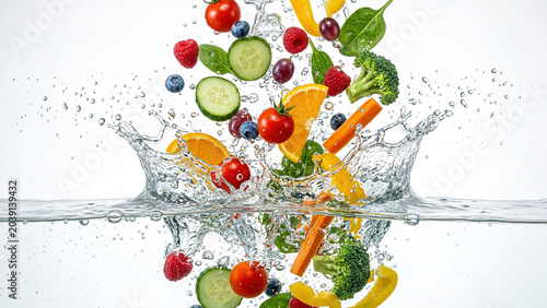 Fresh fruits and vegetables splashing in water with vibrant colors and dynamic motion