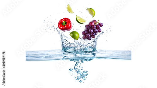 Fresh berries and grapes splashing into water with vibrant reflections and natural light