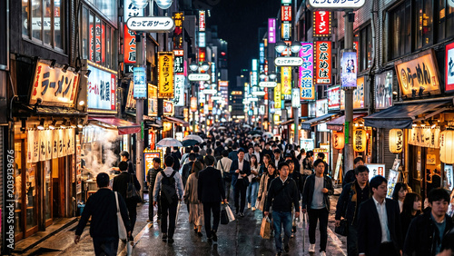 Bustling Nightlife in Vibrant Urban Street Scene with Crowds and Neon Lights