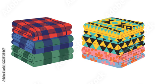 Two neat stacks of folded blankets or textiles, one with plaid patterns and the other with geometric and floral designs on a neutral surface.