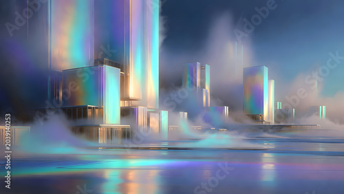 A fantastical and abstract background illustration of a city skyline bathed in pastel-colored light.