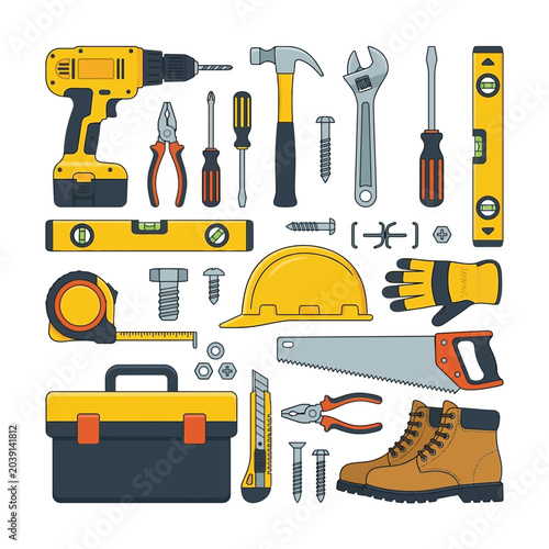 Construction tools vector mega bundle, full color flat style, isolated on white background