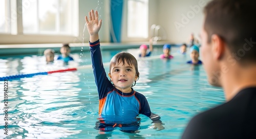 Child raises hand confidently during World Drowning Prevention Day swim class
