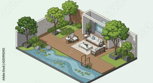 Isometric illustration of a modern outdoor living space with pool and lush greenery.