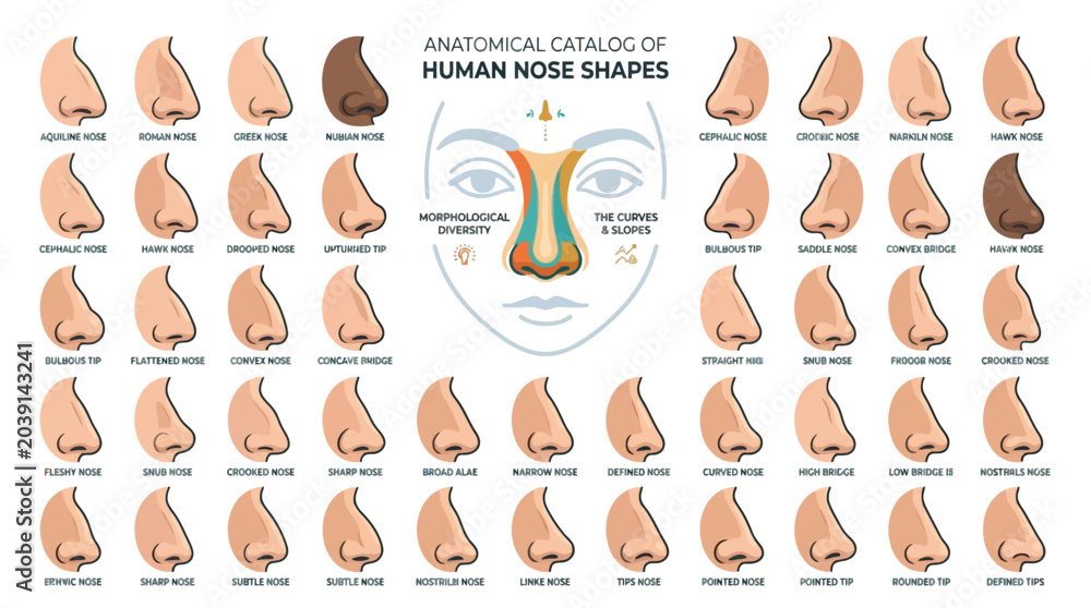 Obraz premium Vector Icons Anatomical Catalog of Human Nose Shapes Chart Showing Various Profiles and Nasal Structure. EPS Editable