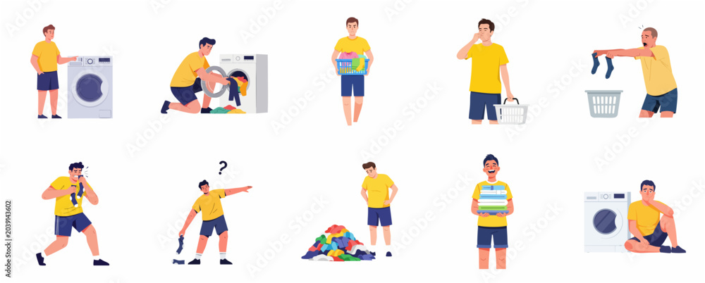 Fototapeta premium Man doing laundry vector illustration set showing various stages of washing, sorting, and smelling dirty clothes