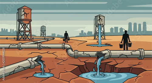 Broken water system illustration drought infrastructure and environmental concerns