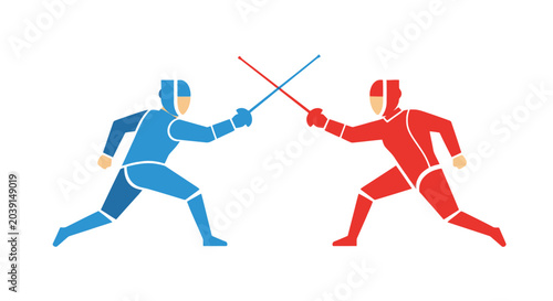Konstfotografi Fencing duel illustration: blue vs red fencer with swords crossed