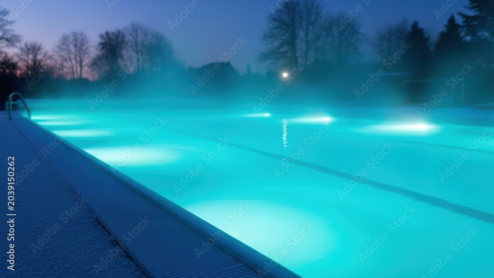 Fototapeta premium Steaming outdoor swimming pool illuminated with turquoise lights at dusk.