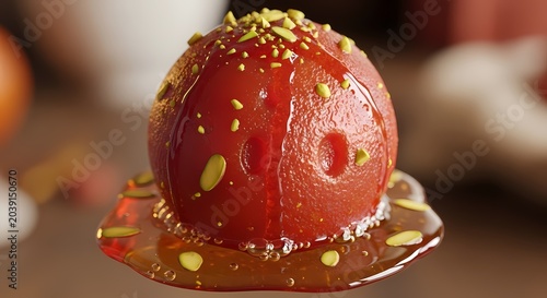 Close up of a vibrant dessert food item with golden syrup and pistachio