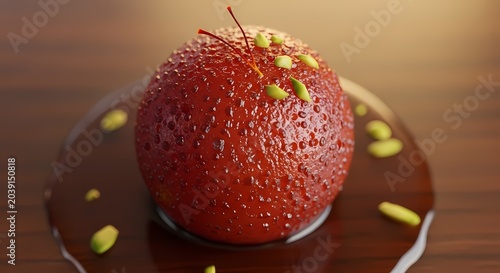 Close up of a vibrant glazed dessert on a reflective surface