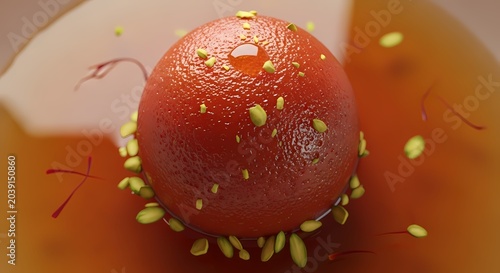 Close up of a vibrant gulab jamun dessert with pistachio garnish and syrup