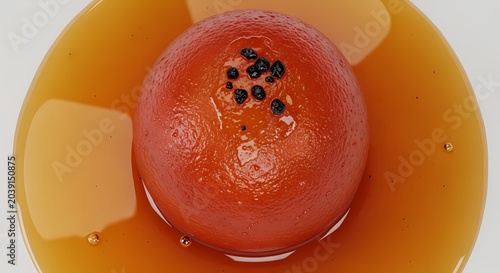 Close up of a vibrant orange sphere served in a pool of golden liquid