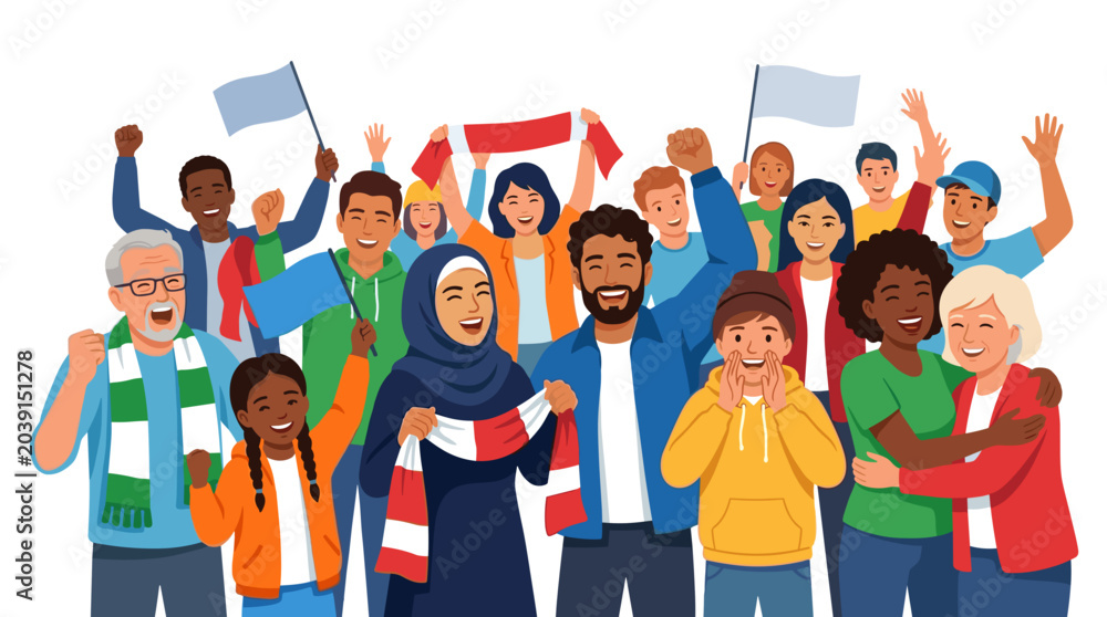 Obraz premium A diverse crowd of people cheering and waving flags and scarves at a sporting event or celebration. The group includes individuals of various ages, ethnicities. Inspiration 2D Vector Illustration