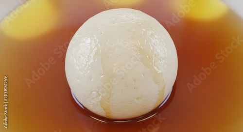 Close up of a white ball immersed in a light brown liquid