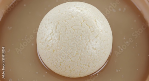 Close up of a white round food item submerged in liquid against neutral background