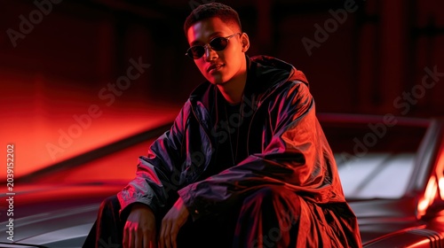 Rapper Sitting on Car Hood at Night With Urban Background and Lights