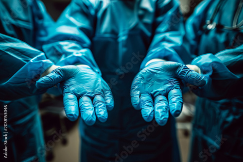 Medical Team in Protective Suits Shows Hands in Blue Gloves, Concept of Unity and Support