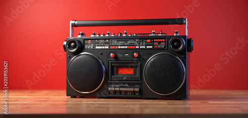 Retro boombox with cassette player sits on wooden table. Black portable stereo with silver handle and red buttons plays music. Electronic audio device for vintage sound.