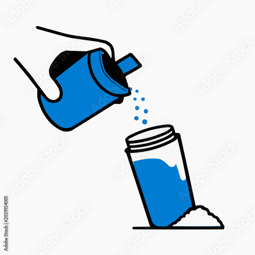 Flat vector illustration of a hand pouring creatine powder into a shaker, suitable for fitness blogs, supplement ads, or workout guides.