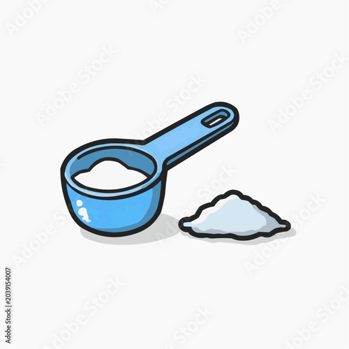 Flat vector illustration of a blue scoop with creatine monohydrate powder, suitable for fitness blogs, supplement packaging, or health advertisements.