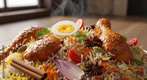 Close up of freshly prepared chicken biryani garnished with herbs and spices
