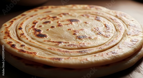 Close up of freshly cooked layered flatbread with golden brown crust