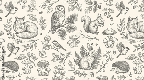 Enchanting hand-drawn seamless pattern showcasing diverse woodland animals and forest flora, perfect for rustic nature-themed designs, vintage backgrounds, and charming textile prints