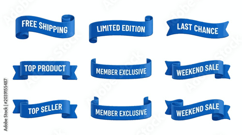 Various blue vector ribbon banners and promotional labels for marketing campaigns, website announcements, special deals, and exclusive offers, isolated on a clean background