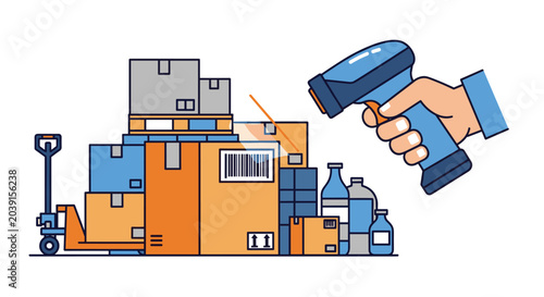A hand-held digital barcode scanner directed toward a clustered stack of brown cardboard shipping containers within a minimalist industrial warehouse storage setting with flat-vect