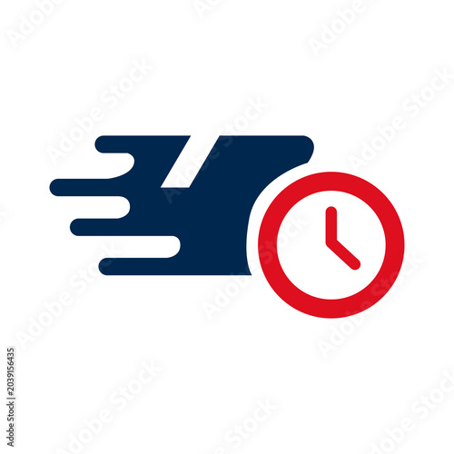 Quadro su tela Fast delivery icon with clock and speed lines vector illustration