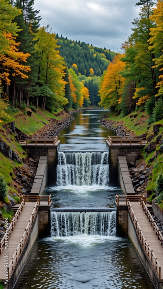 Fototapeta premium landscape photograph river waterfall center river surrounded trees orange yellow leaves indicating autumn trees both sides river water flowing over dam dam concrete has wooden walkway either side sky