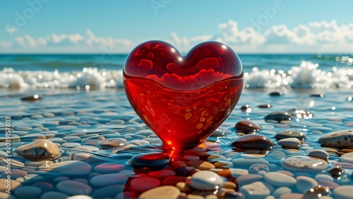 close red heart shaped object pebble beach heart center water surrounding water deep blue green color pebbles different sizes colors including white brown gray background clear blue sky white clouds