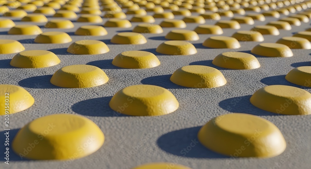 Obraz premium Yellow tactile paving dots on gray sidewalk surface for accessibility