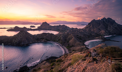 Obraz na płótnie Padar Island, Komodo National Park, Indonesia Sunset Landscape with Pink and Pur