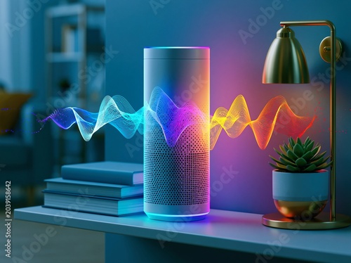 Sound waves dance around a smart speaker in a cozy living room during evening hours