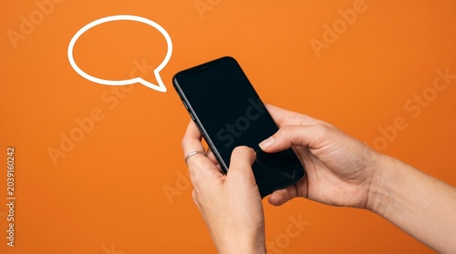 Person Using Smartphone Orange Background Chat Bubble Icon
