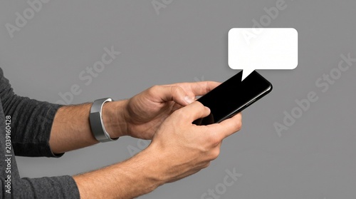 Hands Using Smartphone Gray Background Messaging App