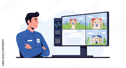 A male security officer with arms crossed observes a monitor displaying four distinct video surveillance feeds of suburban residential houses in a professional setting.