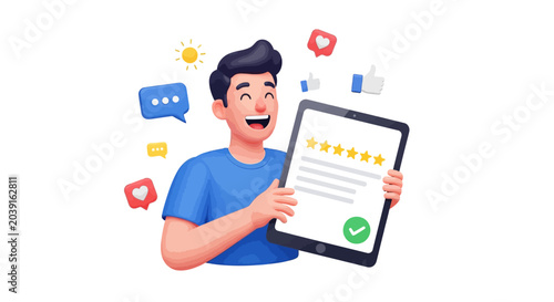 A cheerful 3D cartoon man holding a tablet displaying a 5-star customer review, surrounded by social media feedback icons.