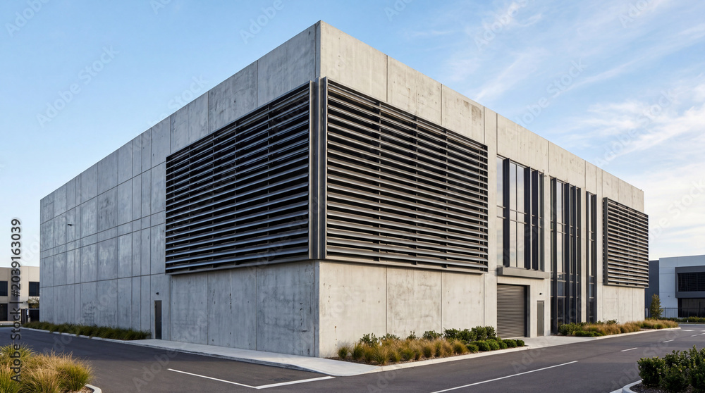 Fototapeta premium Large external wall louvers on a modern concrete warehouse showing clean minimalist architectural exterior lines
